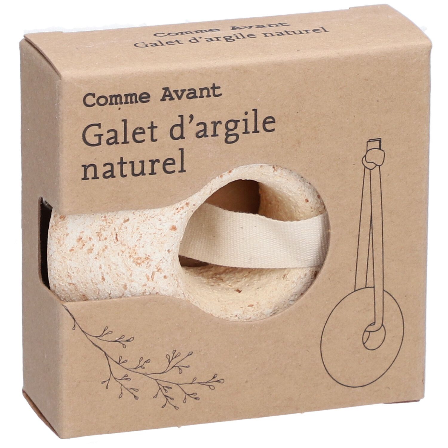 Product in kartonnen verpakking. Natuurlijke kleisteen met handvat. Tekst: Comme Avant, Galet d'argile naturel.