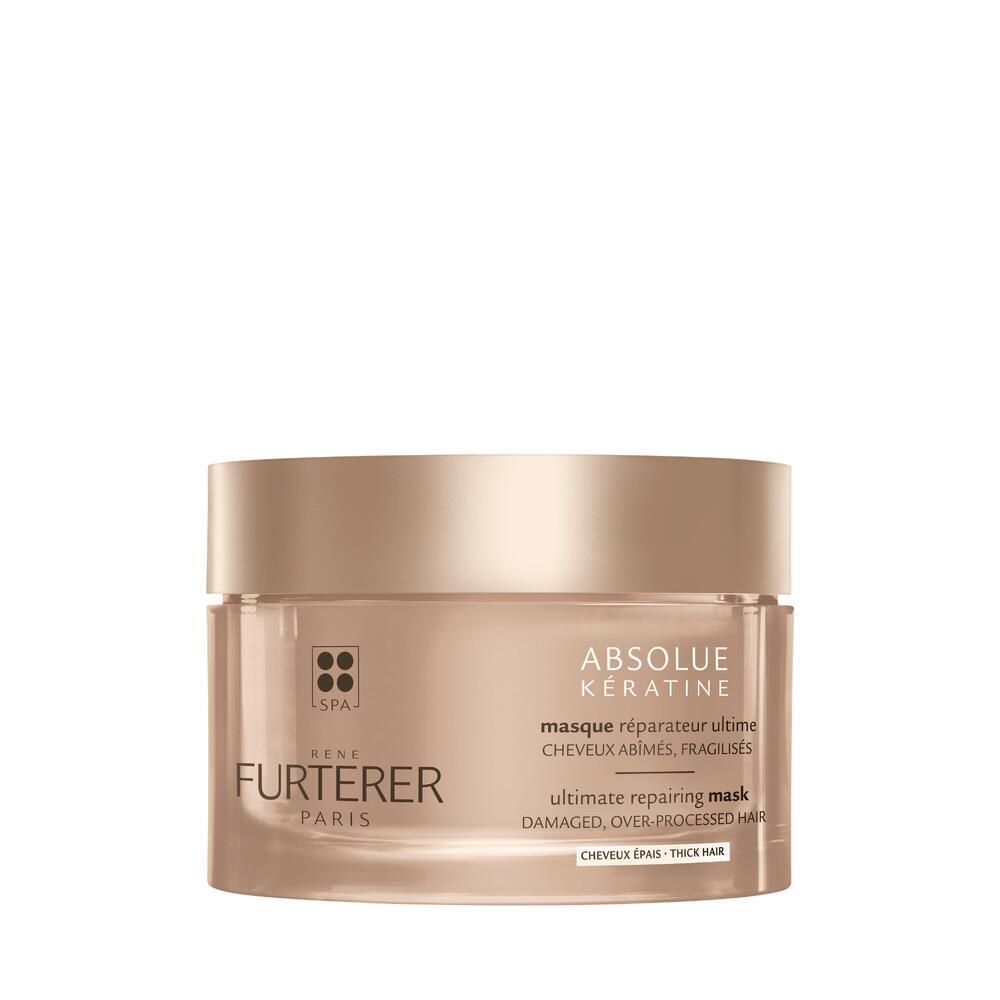 Pot beige et couvercle doré. Inscription: ABSOLUE KÉRATINE, FURTERER PARIS. Texte: ultimate repairing mask, pour cheveux abîmés.