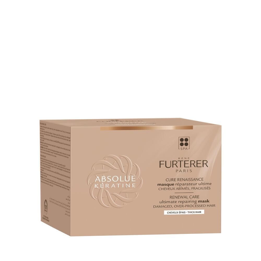 Emballage beige avec inscription ABSOLUE KÉRATINE. Texte: Cure Renaissance, ultimate repairing mask, pour cheveux abîmés. Marque: FURTERER PARIS.