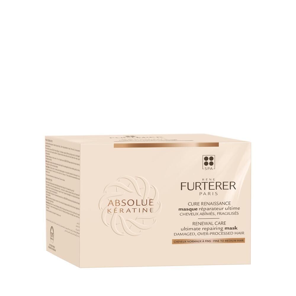 Kartonverpackung mit Produktinformationen. Aufschrift: ABSOLUE KÉRATINE, RENÉ FURTERER PARIS. Für geschädigtes Haar.