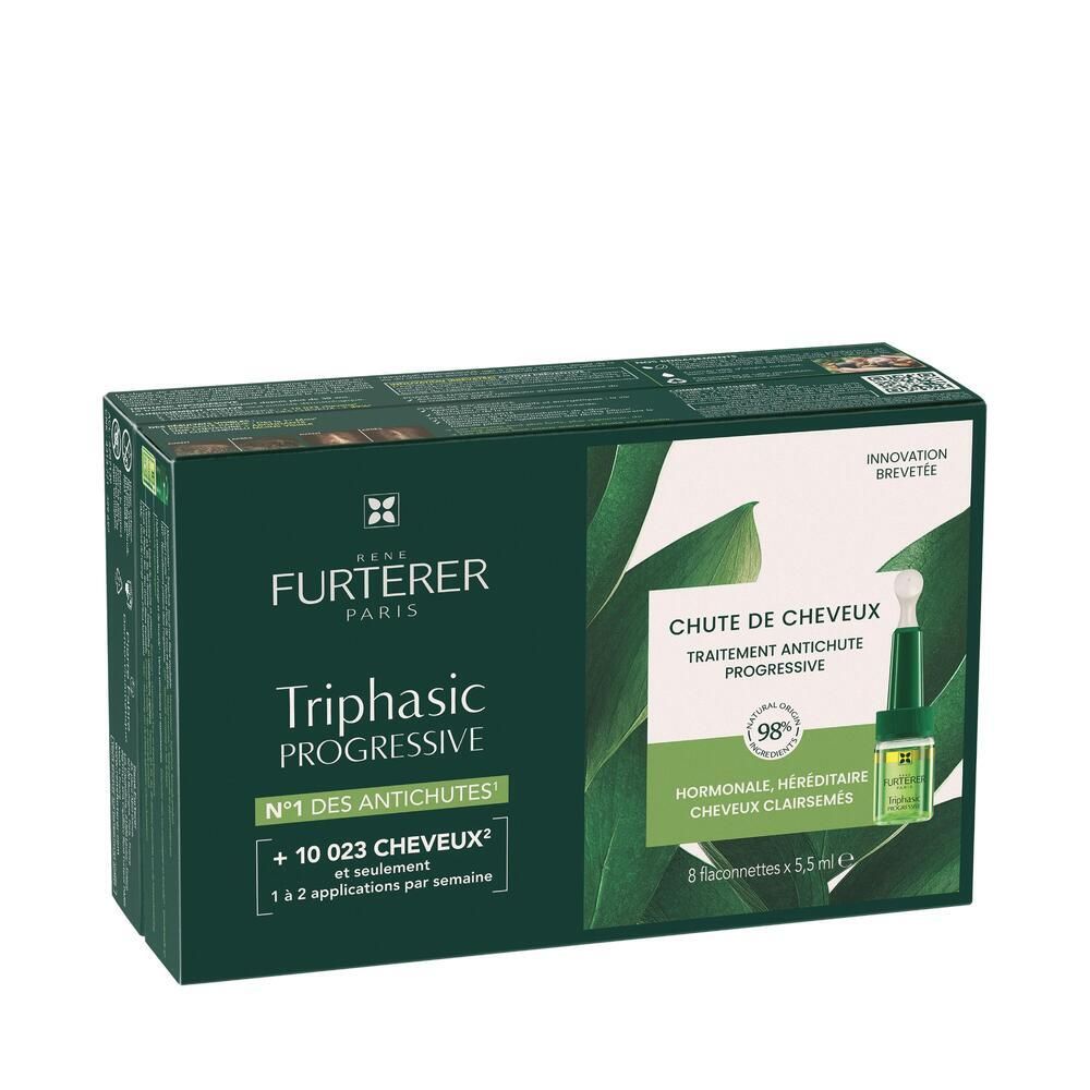 Boîte avec image du produit. Inscription: Triphasic Progressive, Chute de Cheveux.