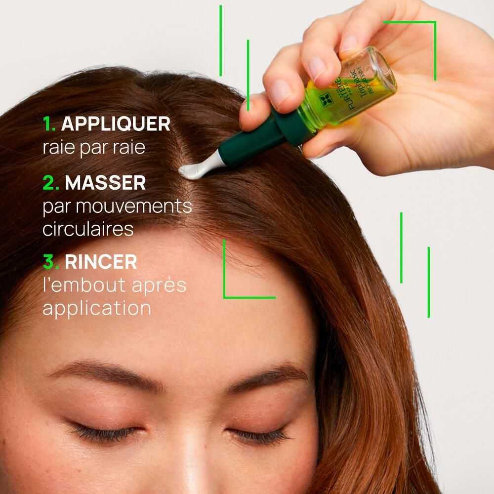 Étapes d'application. Femme avec produit sur la racine des cheveux. Texte: Appliquer, Masser, Rincer.