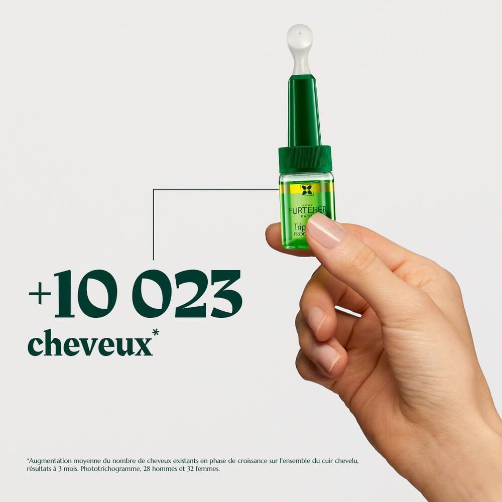 Main tenant un flacon. Texte: +10 023 cheveux. Produit: Triphasic Progressive.