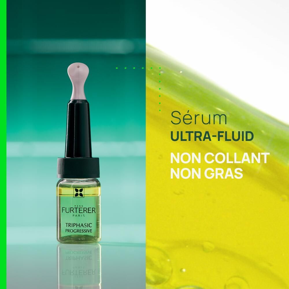Flacon de produit. Texte: Sérum Ultra-Fluid, Non collant non gras. Produit: Triphasic Progressive.
