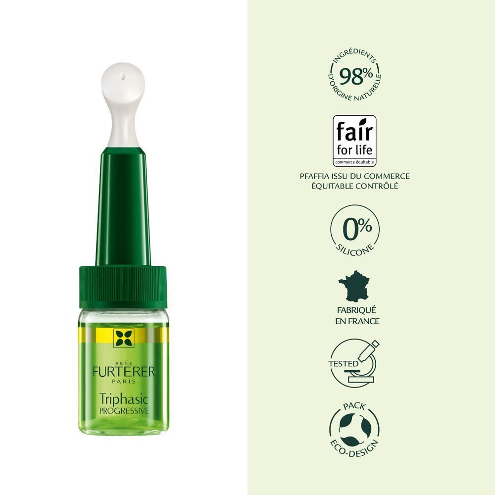 Flacon de produit avec logos. Texte: Triphasic Progressive, 98% naturelle, Fair for life.