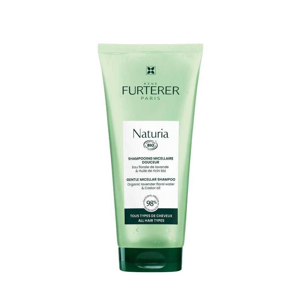 Grüne Tube mit Shampoo. Aufschrift: RENE FURTERER PARIS, Naturia BIO. Enthält Lavendelblütenwasser und Rizinusöl.