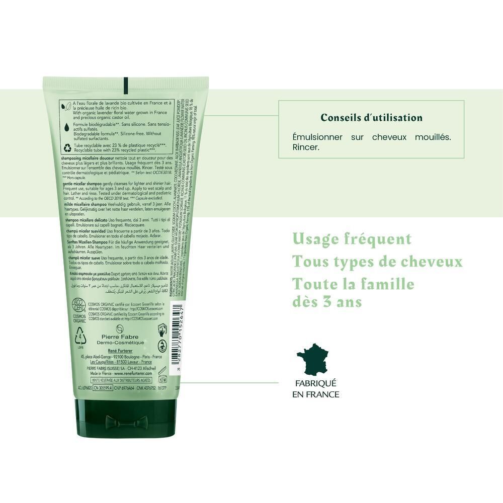 Rückseite der Shampoo-Tube. Anwendungshinweise. Geeignet für häufige Anwendung, alle Haartypen, ab 3 Jahren. Hergestellt in Frankreich.