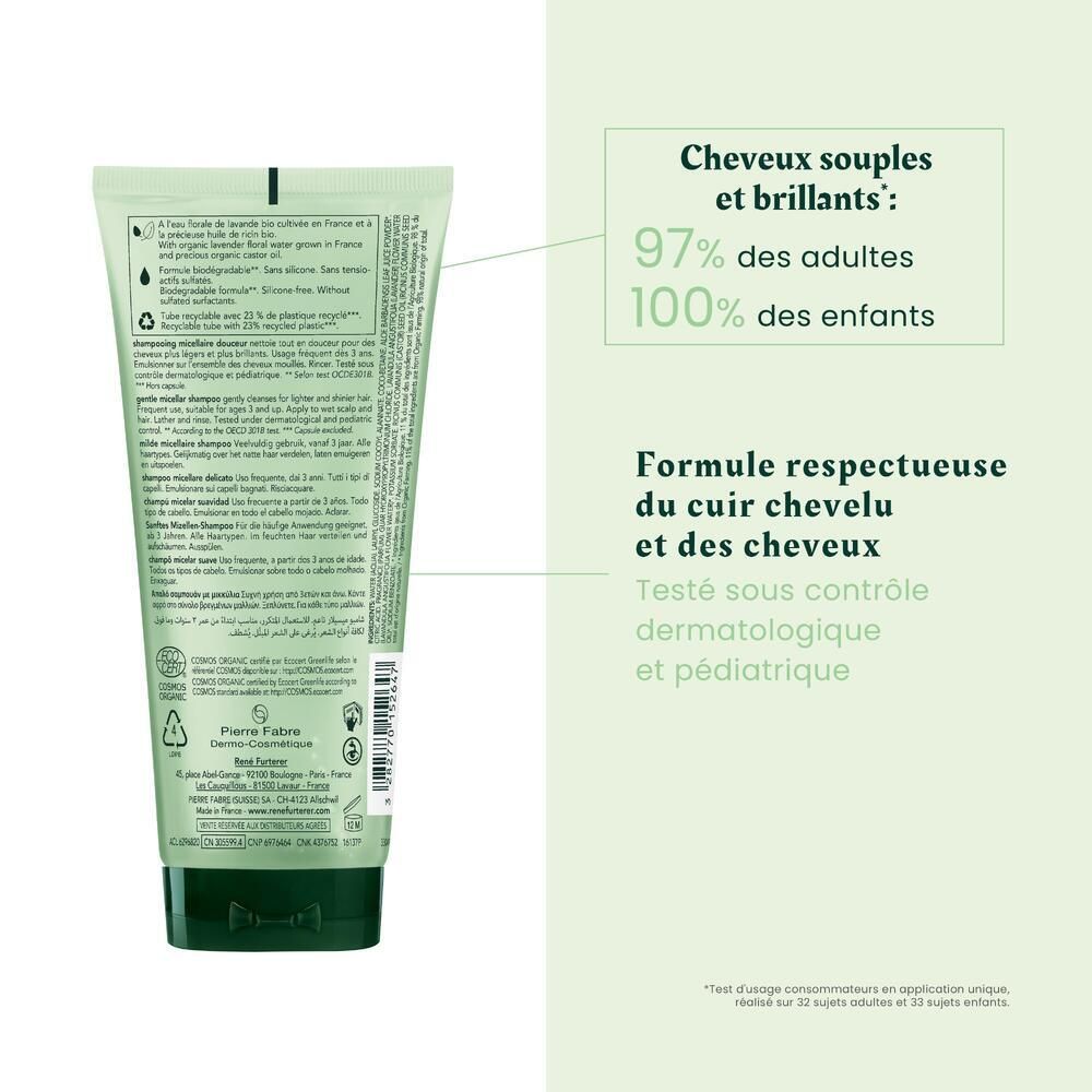 Rückseite der Shampoo-Tube. Ergebnisse: 97% Erwachsene, 100% Kinder. Formel für Kopfhaut und Haar. Dermatologisch getestet.