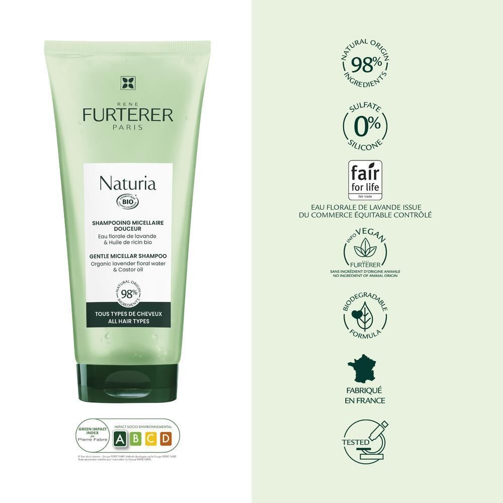 Grüne Shampoo-Tube. Aufschrift: RENE FURTERER PARIS, Naturia BIO. Zertifizierungen: 98% natürliche Inhaltsstoffe, vegan, Fair for Life.
