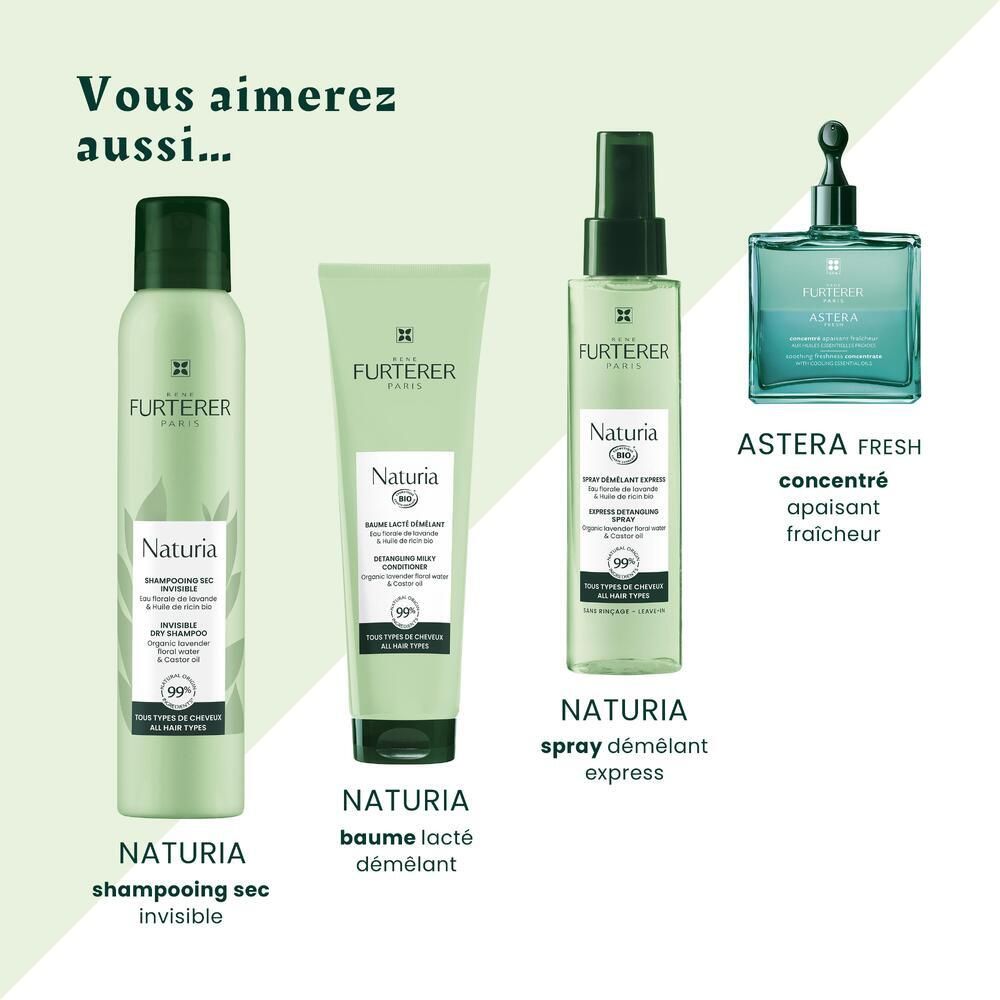 Produktreihe: Naturia Shampoo, Spülung, Spray, und Astera Fresh. Alle Produkte in grünen Verpackungen.