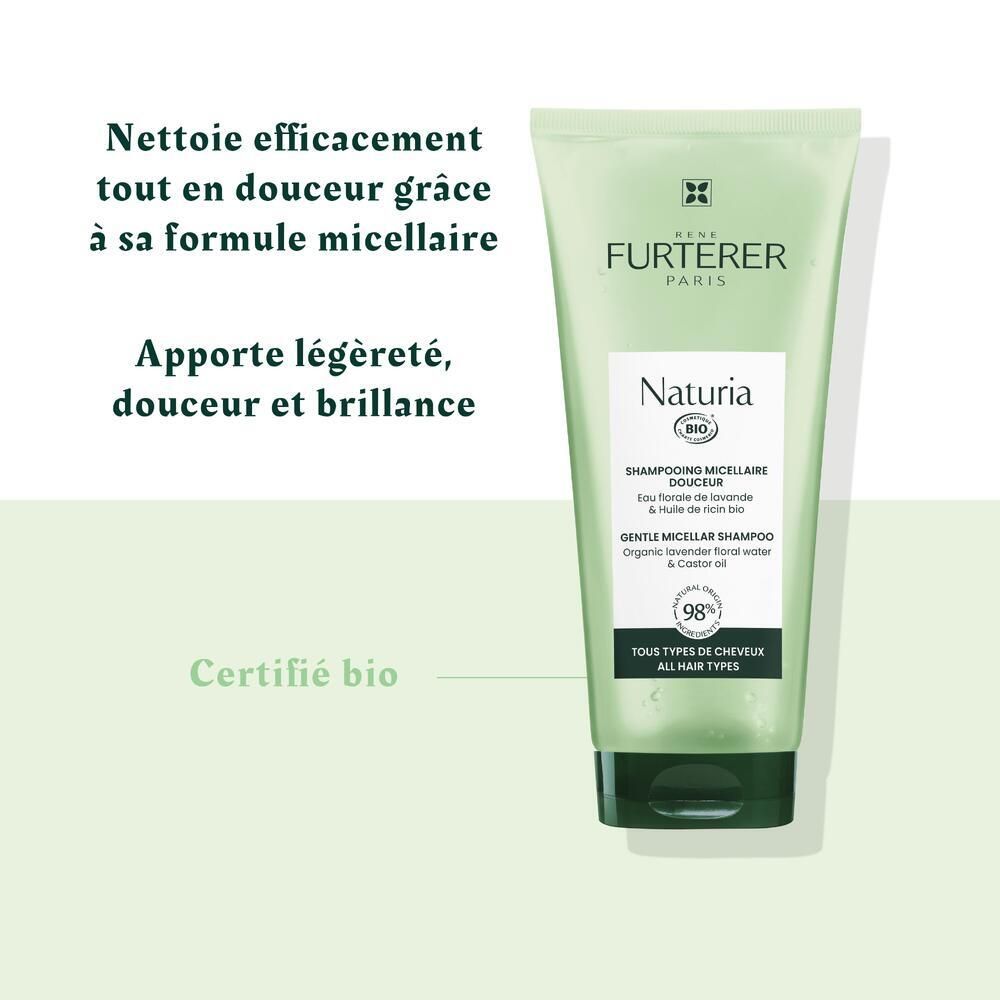Grüne Shampoo-Tube. Beschriftung: Reinigt sanft, verleiht Leichtigkeit, Geschmeidigkeit und Glanz. Zertifiziert bio.