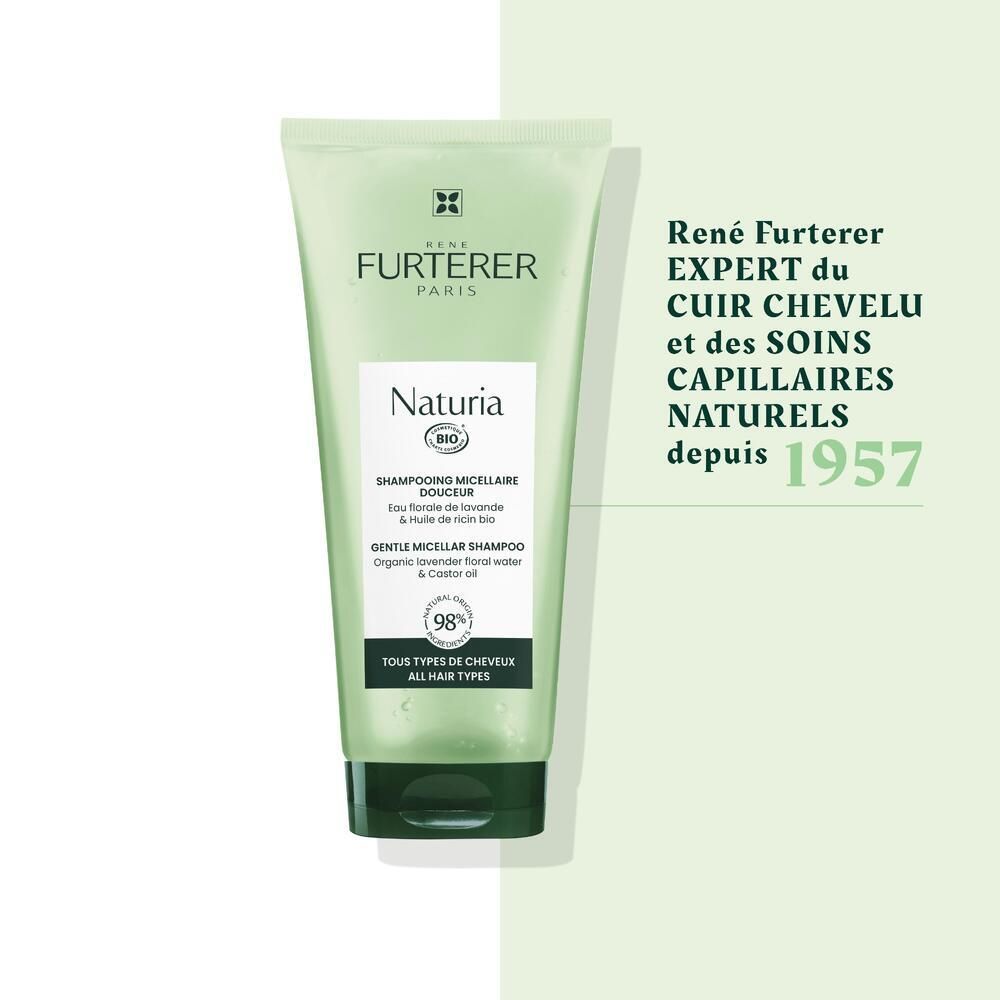 Tube de shampooing vert. Texte : FURTERER PARIS, Naturia, label bio. Texte : EXPERT DU CUIR CHEVELU et des SOINS CAPILLAIRES NATURELS depuis 1957.