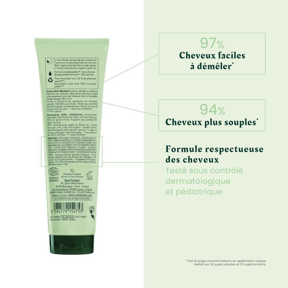 Rückseite der Tube. Text: 97% leichter zu entwirren, 94% geschmeidigeres Haar. Dermatologisch und pädiatrisch getestet.