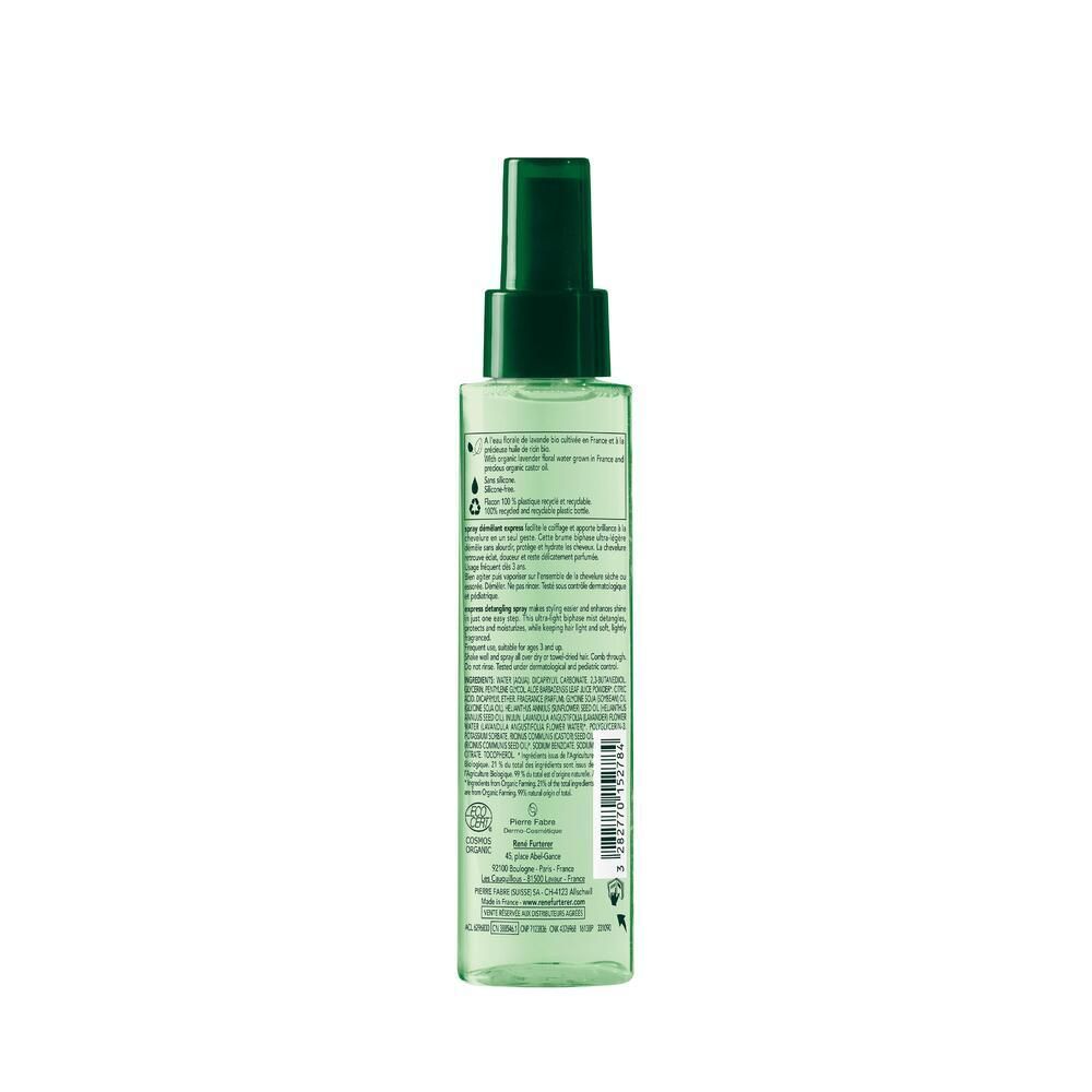 Rückseite der grünen Sprühflasche. Textinformationen, Inhaltsstoffe, Herstellerangaben und Zertifizierungen sind sichtbar.