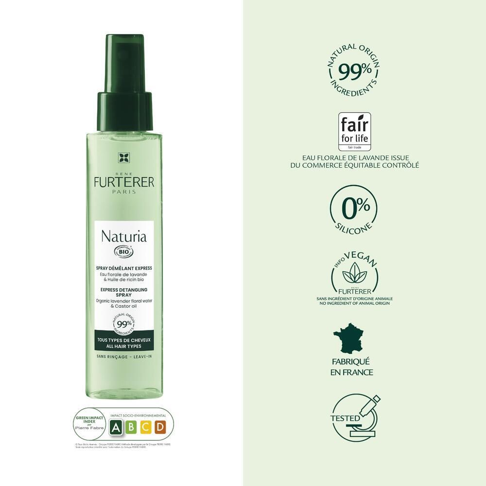 Grüne Sprühflasche. Zertifizierungen: 99% natürliche Inhaltsstoffe, Fair for Life, 0% Silikon, Vegan. Hergestellt in Frankreich.