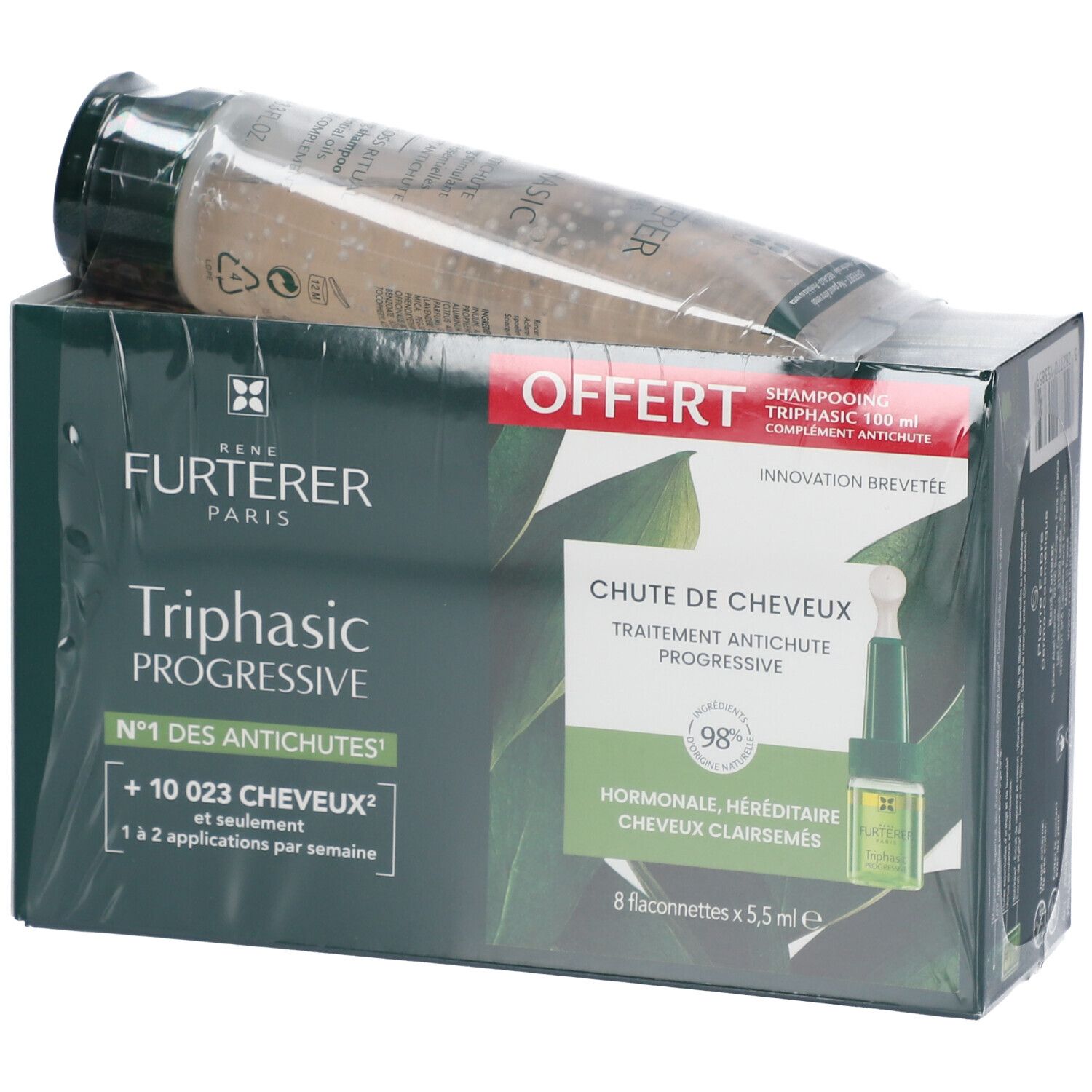 Produktverpackung mit Shampoo. Aufschrift: Triphasic Progressive, gegen Haarausfall. Enthält 8 Fläschchen.