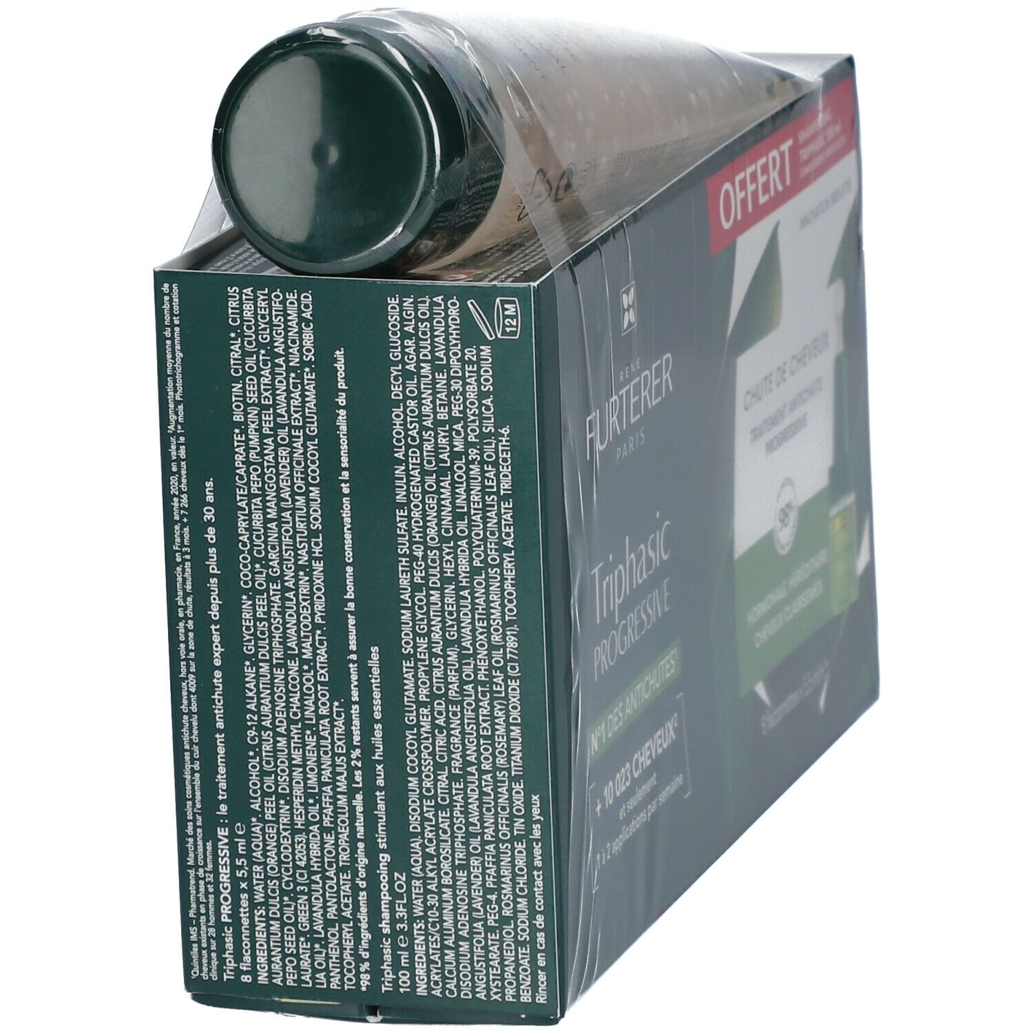 Produktverpackung mit Shampoo. Aufschrift: Triphasic Progressive. Rückseite mit Inhaltsstoffen und Informationen.