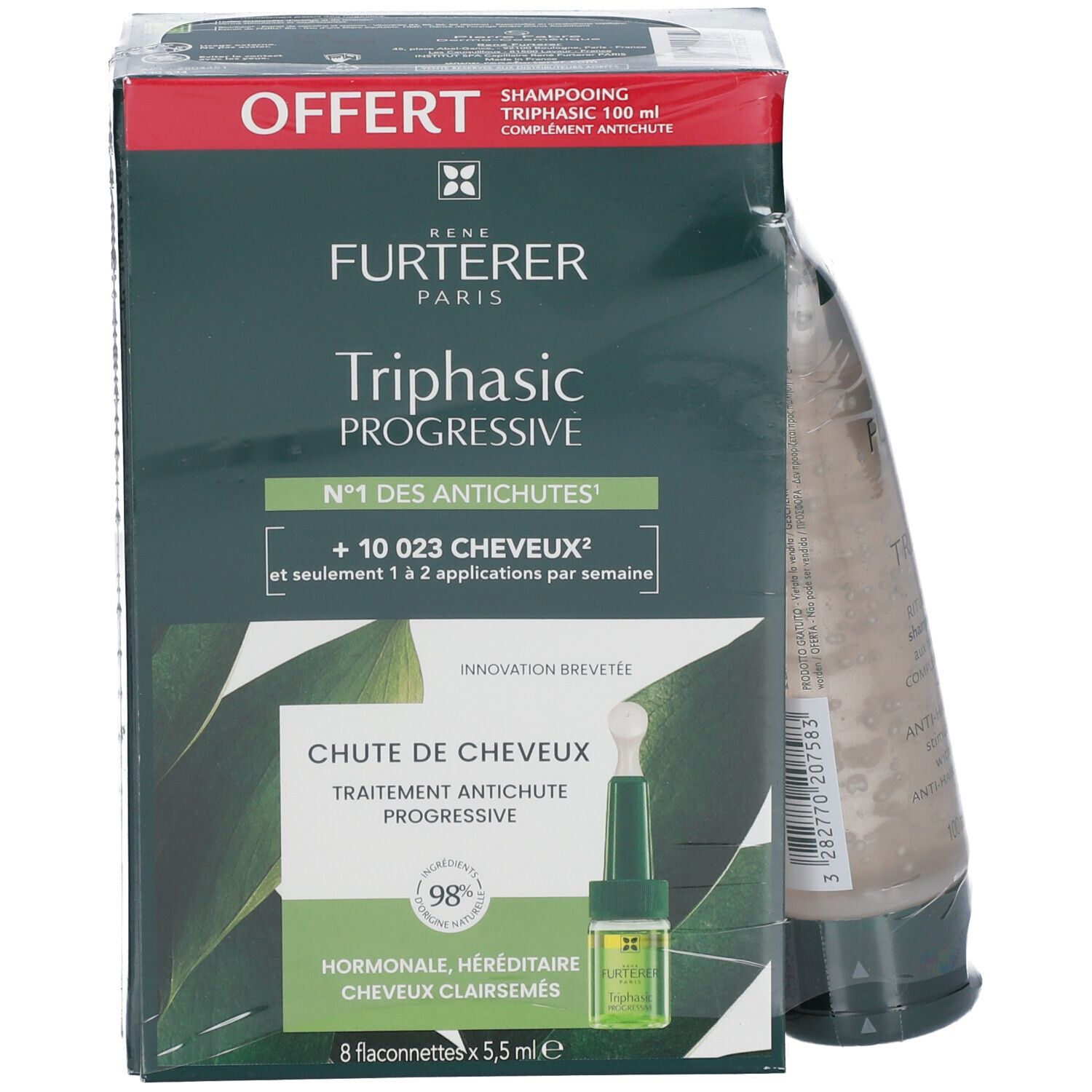 Produktverpackung mit Shampoo. Aufschrift: Triphasic Progressive, gegen Haarausfall. Enthält 8 Fläschchen.