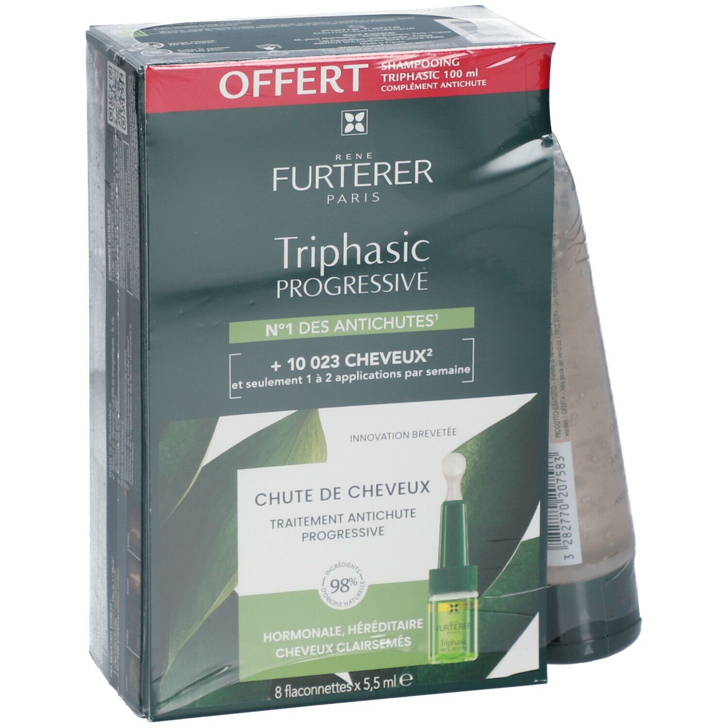 Produktverpackung mit Shampoo. Aufschrift: Triphasic Progressive, gegen Haarausfall. Enthält 8 Fläschchen.