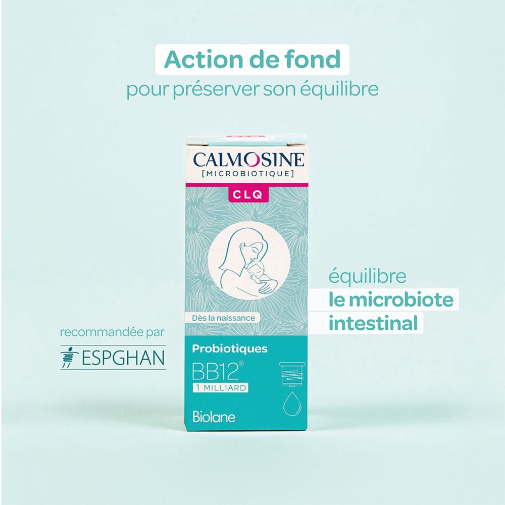 CALMOSINE [MICROBIOTIQUE] CLQ. Emballage avec texte. Recommandé par ESPGHAN. Pour l'équilibre.