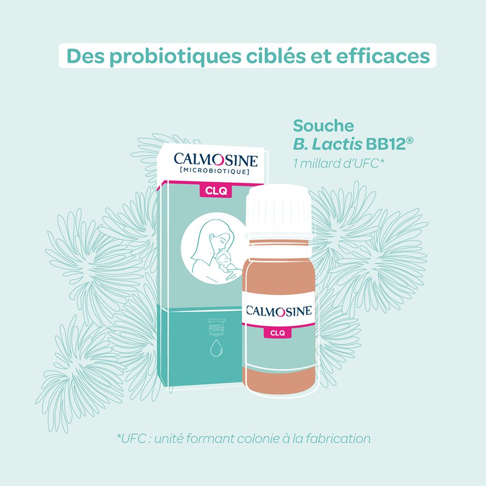 CALMOSINE [MICROBIOTIQUE] CLQ. Flacon et emballage. Contient B. Lactis BB12. 1 milliard d'UFC.