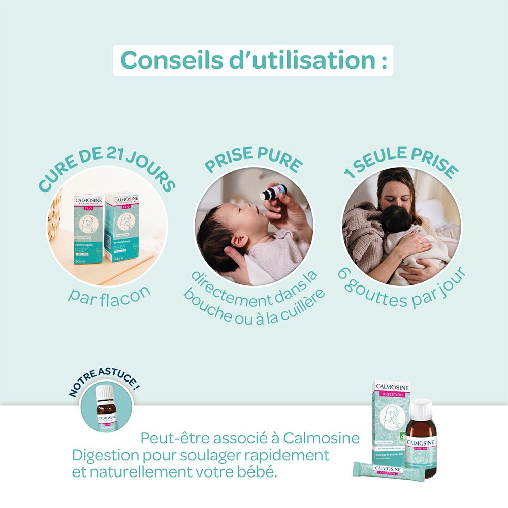 CALMOSINE [MICROBIOTIQUE] CLQ. Conseils d'utilisation. Cure de 21 jours, directement dans la bouche, 6 gouttes.