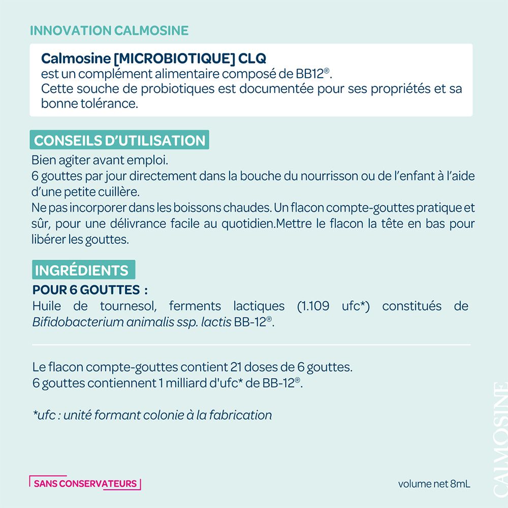 CALMOSINE [MICROBIOTIQUE] CLQ. Composition: huile de tournesol, ferments lactiques. Flacon 8ml.