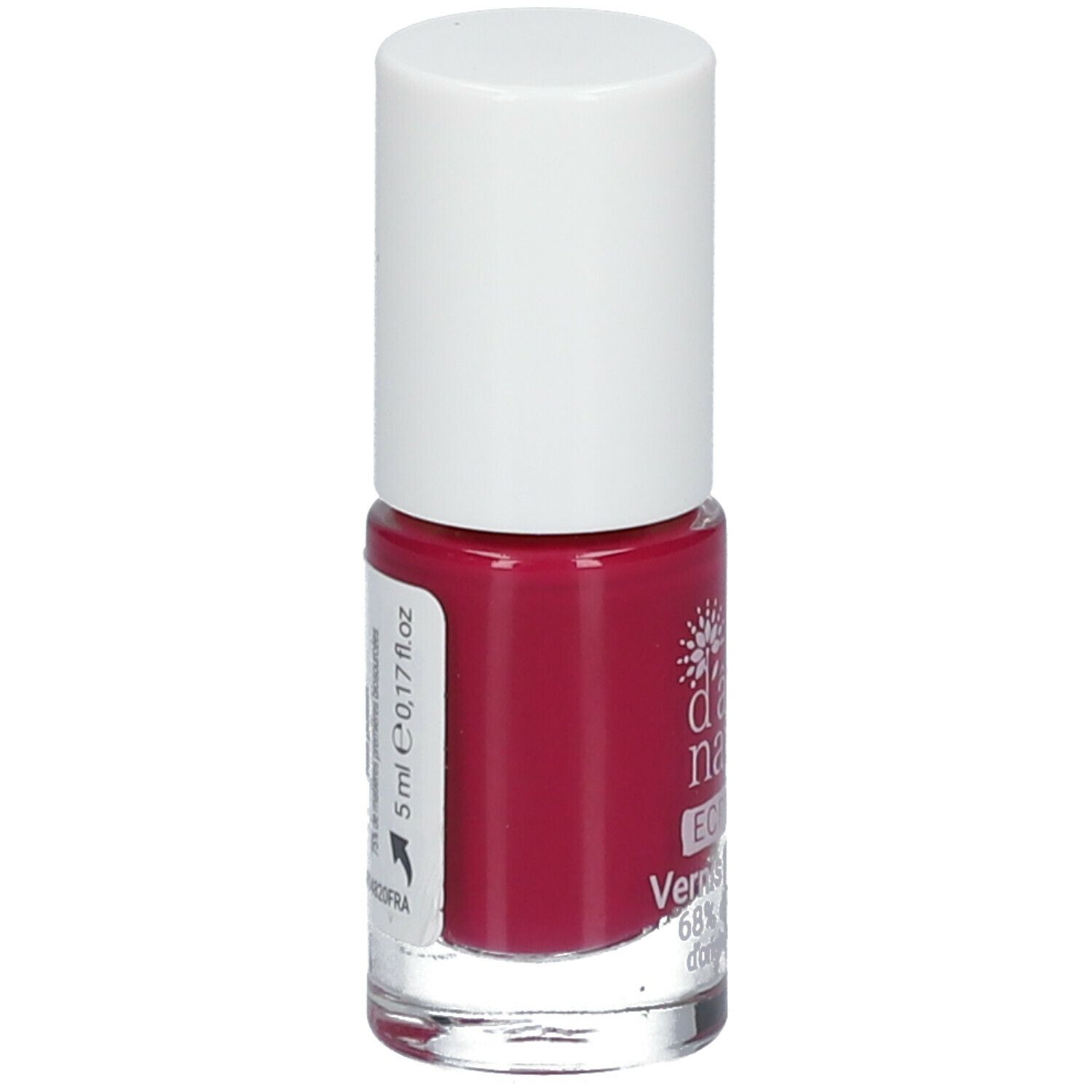Flacon de vernis à ongles avec bouchon blanc. Étiquette latérale avec texte et 5 ml. Couleur : rouge foncé.