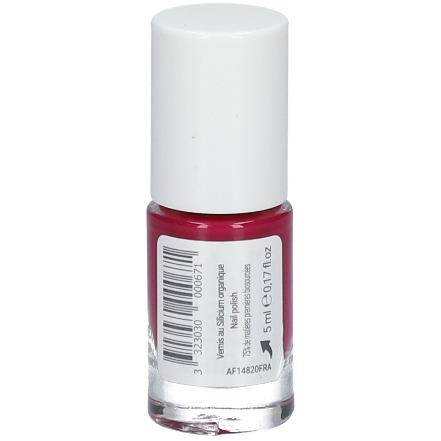 Flacon de vernis à ongles avec bouchon blanc. Dos avec étiquette. Contient 5 ml. Texte : Vernis au Silicium organique, Nail polish.