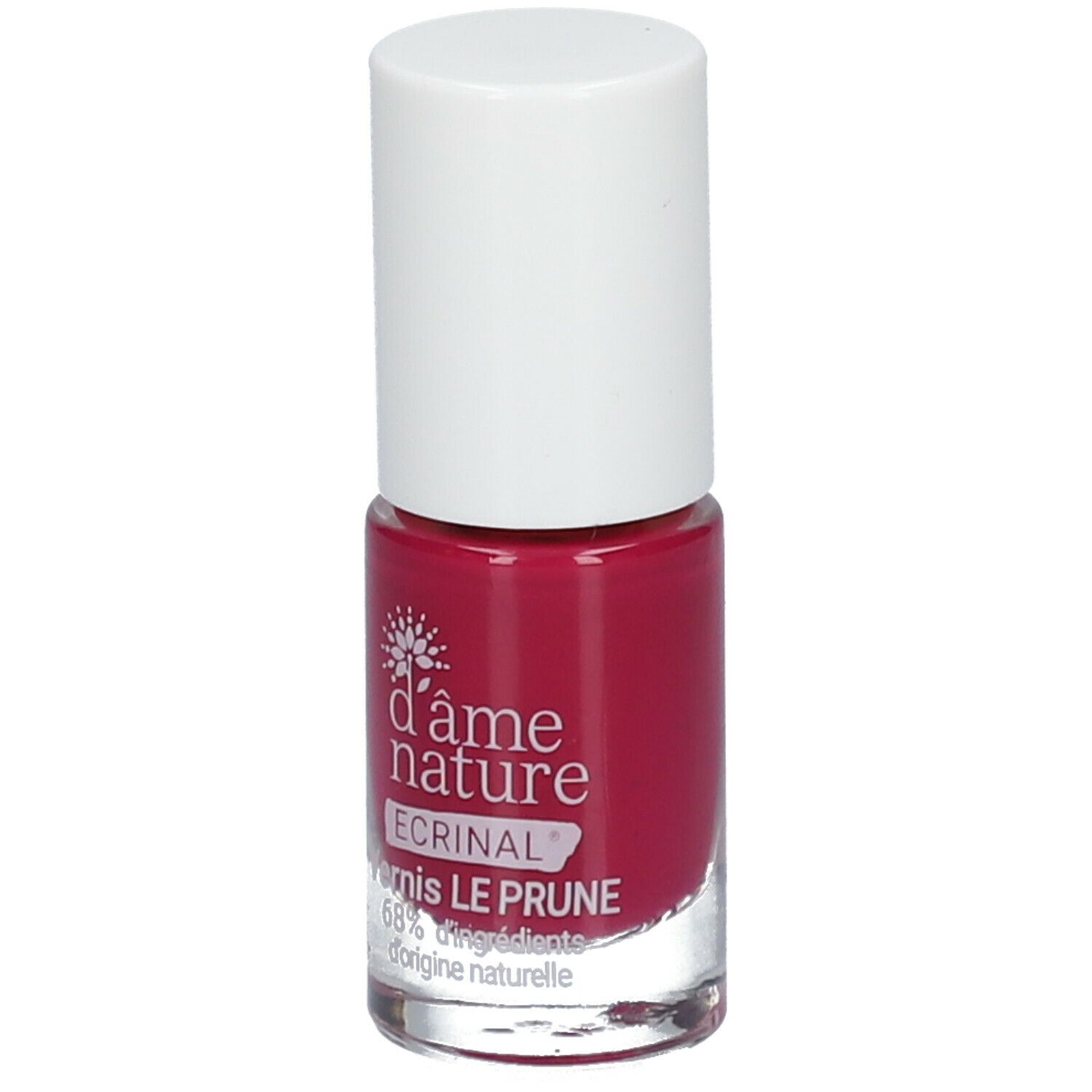 Flacon de vernis à ongles avec bouchon blanc. Inscription : d'âme nature, ECRINAL, Vernis LE PRUNE. 68% ingrédients d'origine naturelle.