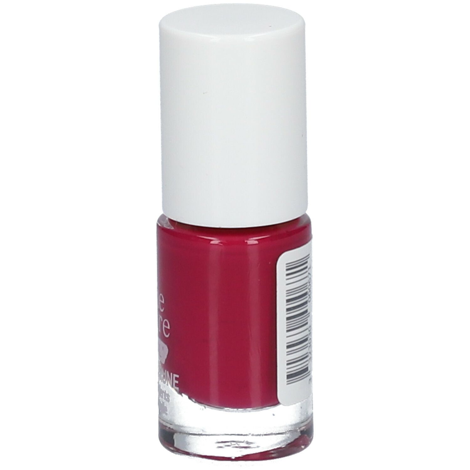Flacon de vernis à ongles avec bouchon blanc. Étiquette latérale. Couleur : rouge foncé.
