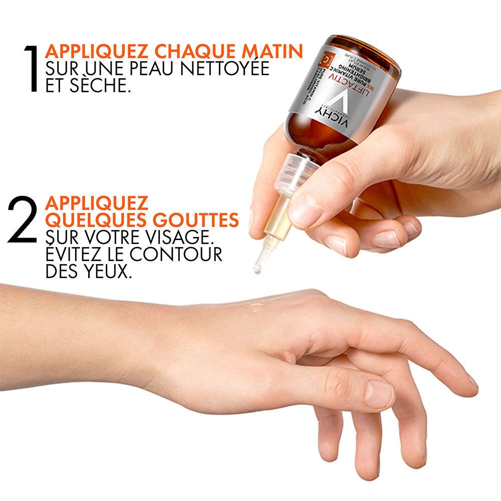 Mains montrant l'application du sérum. Gouttes sur la main. Texte : Appliquer chaque matin sur peau nettoyée et sèche.