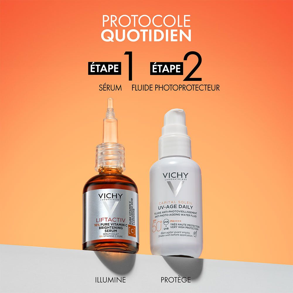 Deux produits : sérum et écran solaire. Texte : Sérum, fluide photoprotecteur. Illumine, protège.
