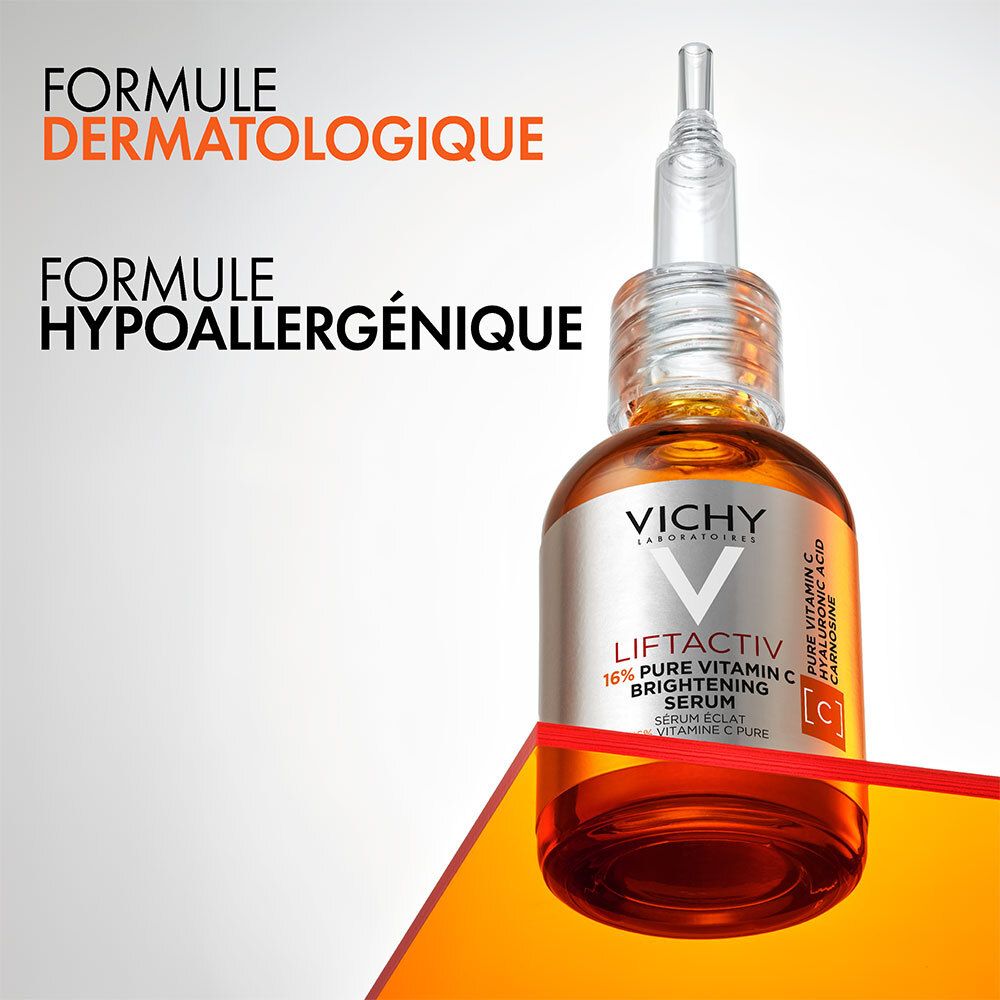 Flacon de sérum avec pipette. Texte : Formule dermatologique, formule hypoallergénique.