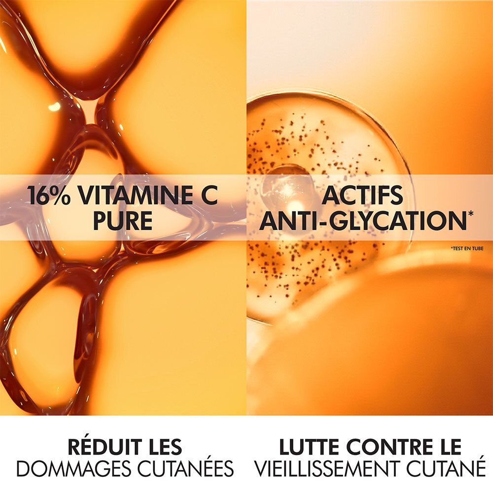 Division en 4 zones. Texte : 16% vitamine C pure, anti-glycation. Réduit les dommages cutanés, lutte contre le vieillissement.