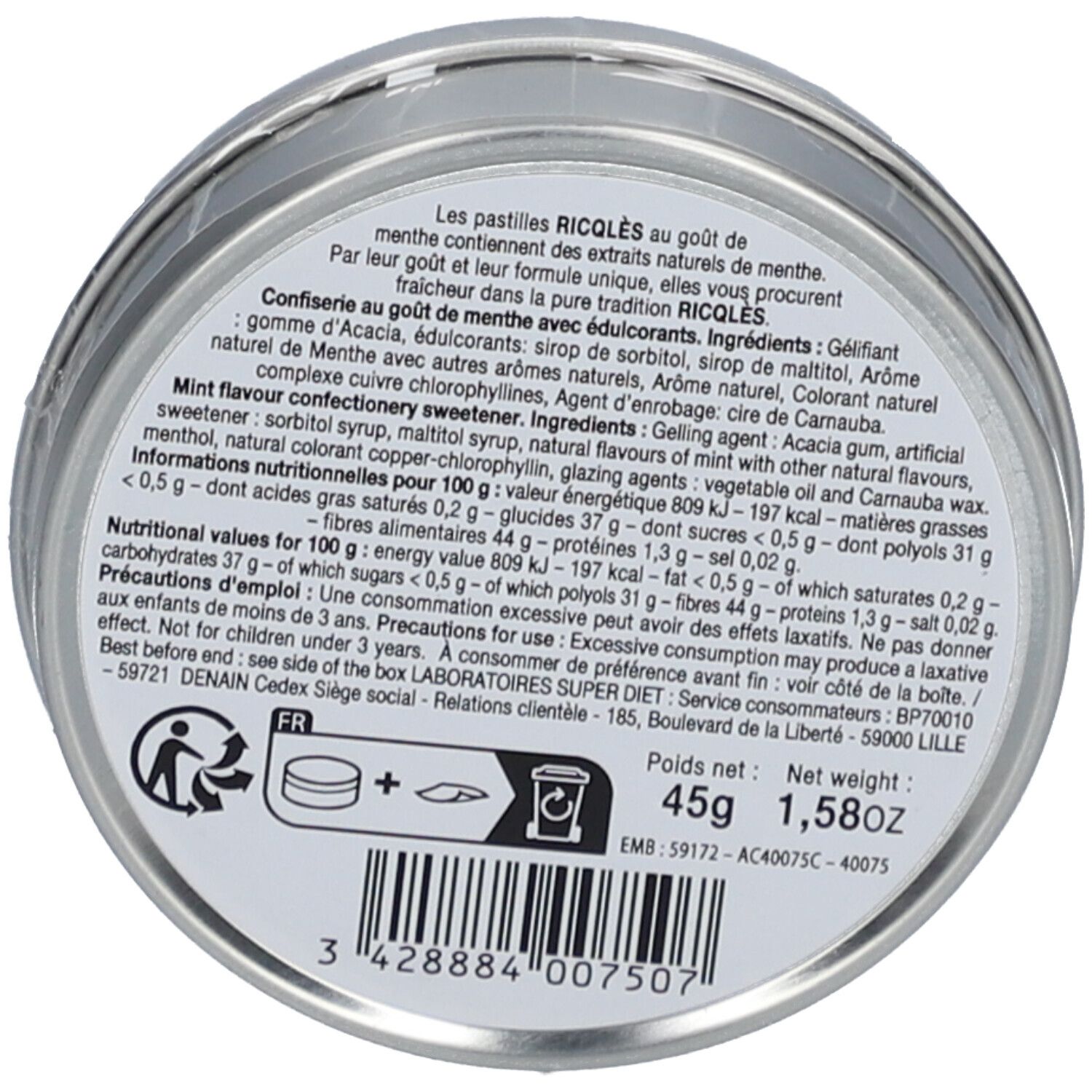 Dos de la boîte Ricqlès. Texte avec ingrédients, informations nutritionnelles et avertissements. Poids : 45g, 1,58oz.