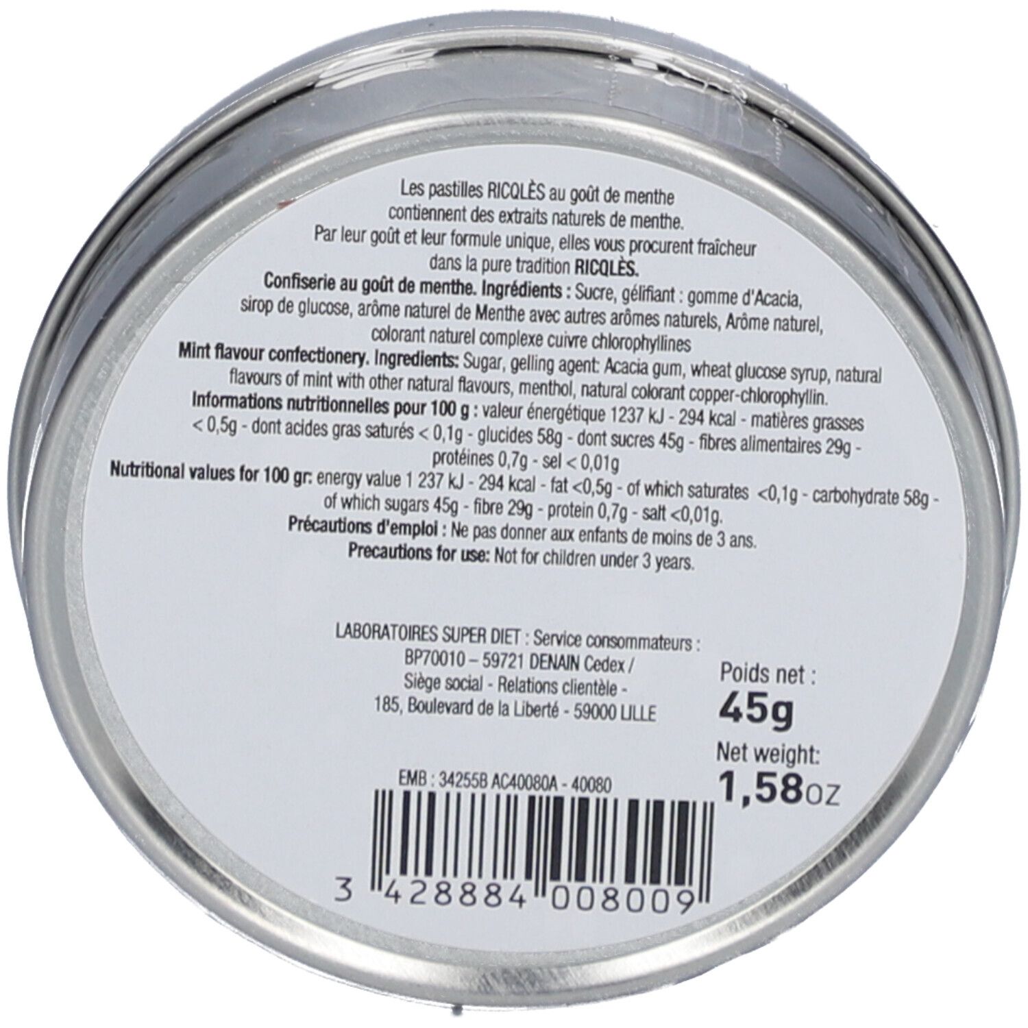 Boîte métallique ronde avec informations produit. Texte en français et anglais. Contient informations nutritionnelles et code-barres. Poids : 45g.