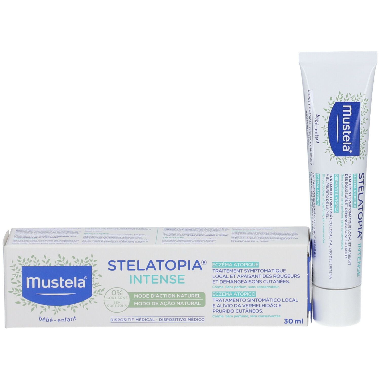 Produktverpackung und Tube. Aufschrift: mustela, STELATOPIA INTENSE. Verpackung mit grünen Akzenten. Tube mit weißem Deckel.