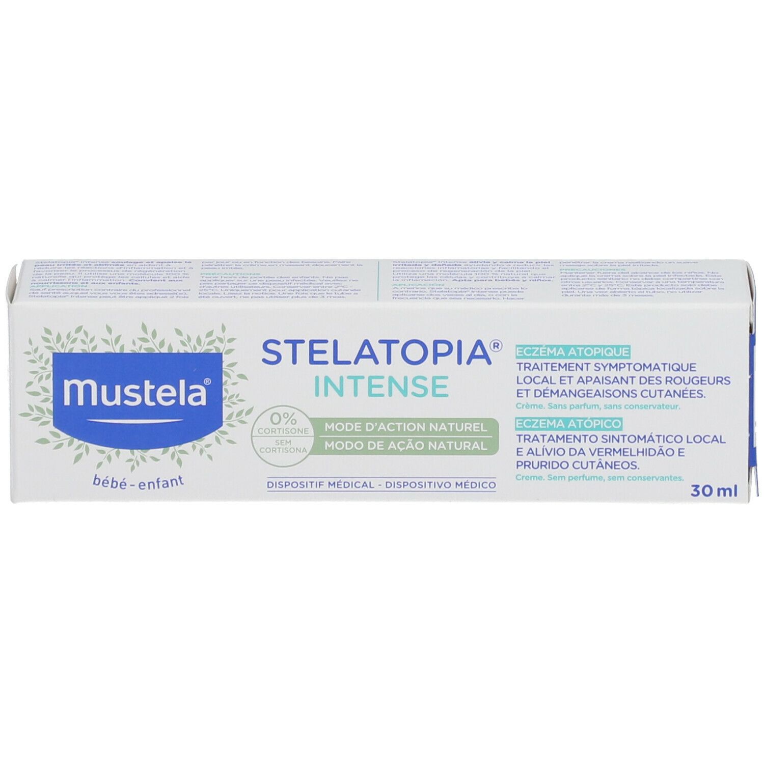 Produktverpackung. Aufschrift: mustela, STELATOPIA INTENSE. Text in mehreren Sprachen. Grüne und weiße Verpackung.