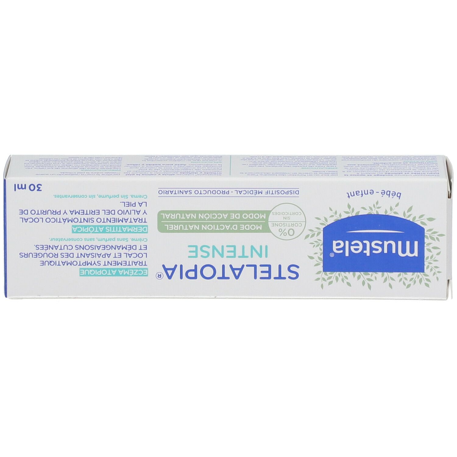 Produktverpackung. Aufschrift: mustela, STELATOPIA INTENSE. Text in mehreren Sprachen. Grüne und weiße Verpackung.