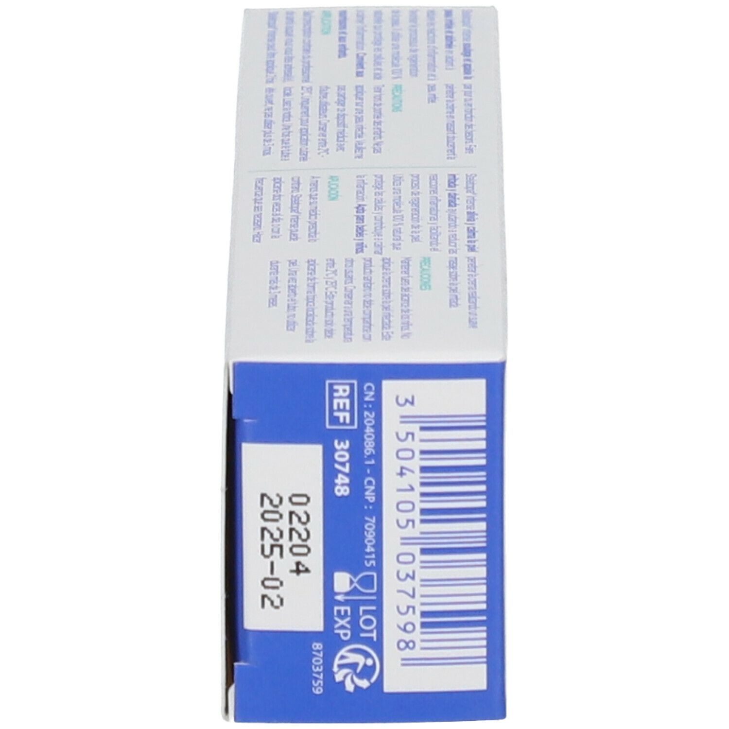 Produktverpackung, Rückseite. Informationen, Chargennummer, Verfallsdatum. Weiße Verpackung.