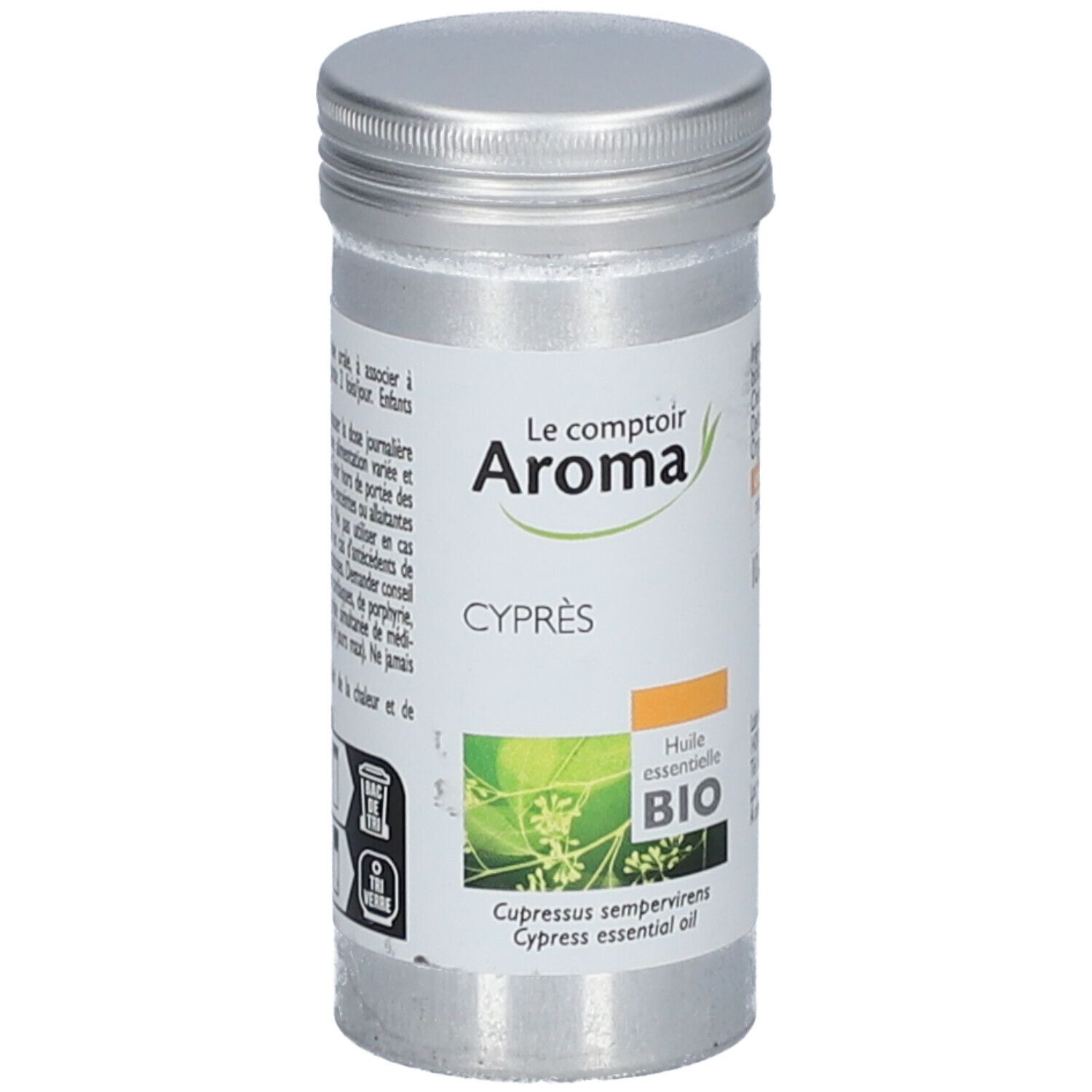 Flacon cylindrique avec étiquette. Marque Le Comptoir Aroma, Cyprès, Huile essentielle BIO. Logo vert.