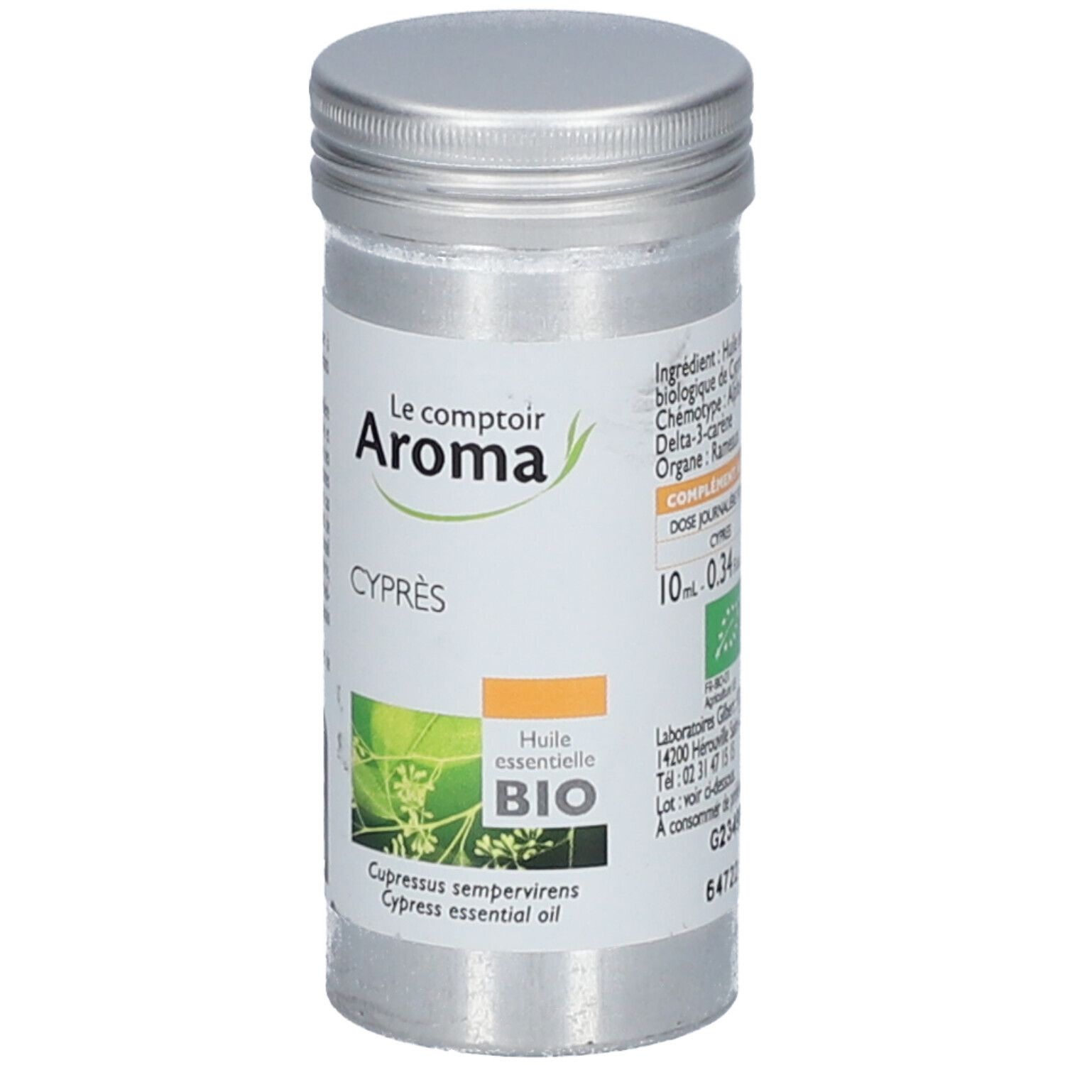 Flacon cylindrique avec étiquette. Marque Le Comptoir Aroma, Cyprès, Huile essentielle BIO. Label AB Bio.
