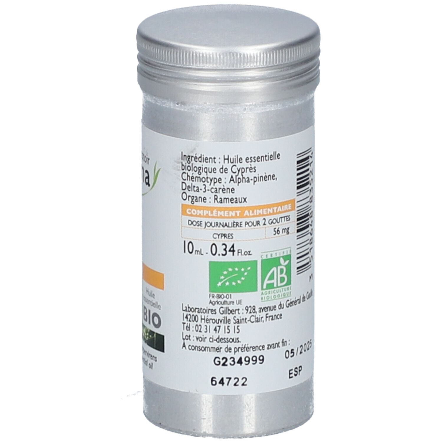 Flacon cylindrique avec étiquette. Marque Le Comptoir Aroma, Cyprès, Huile essentielle BIO. Label AB Bio. 10 ml.