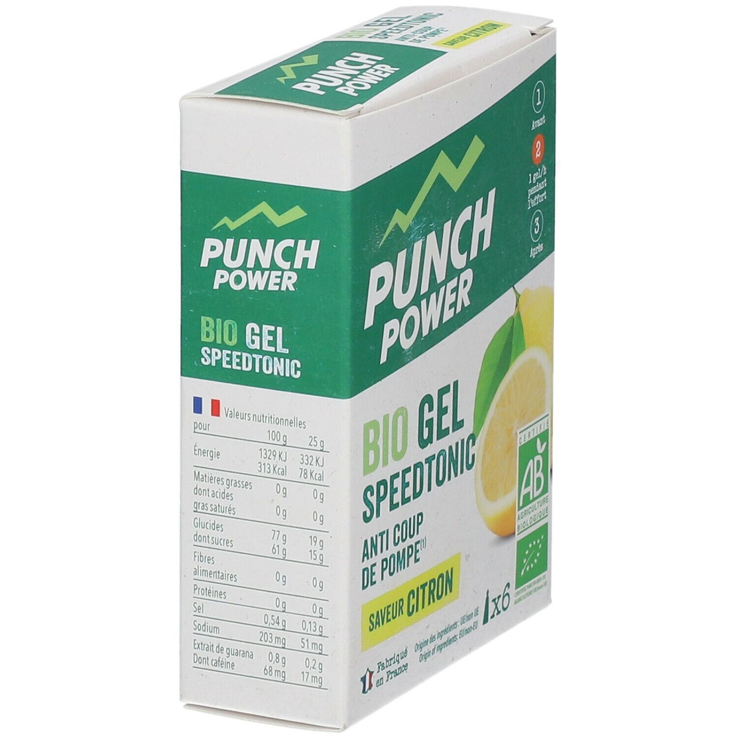 Vue latérale de l'emballage Bio Gel Speedtonic Zitrone. Informations nutritionnelles, nom du produit et label AB visibles.