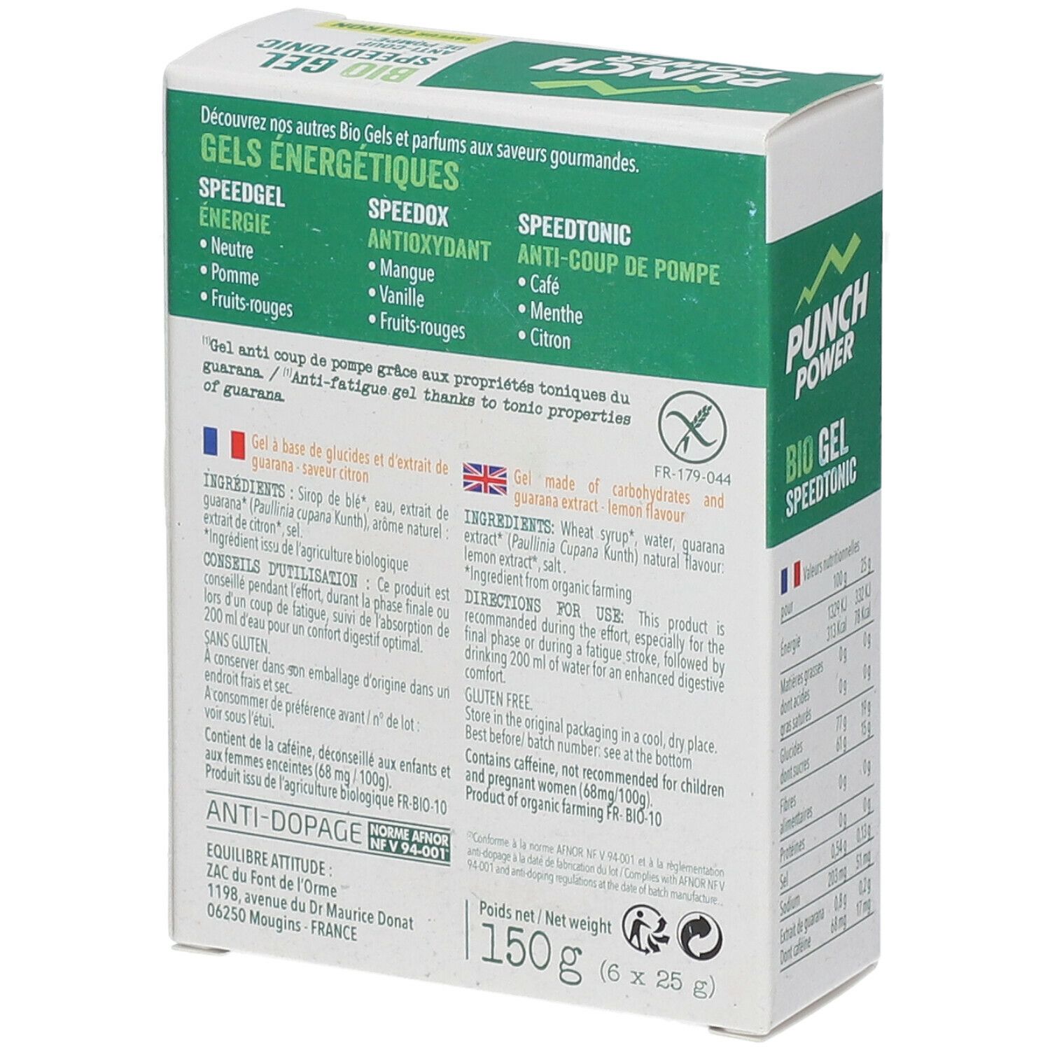 Dos de l'emballage Bio Gel Speedtonic Zitrone. Texte sur les ingrédients, l'utilisation et la certification anti-dopage.