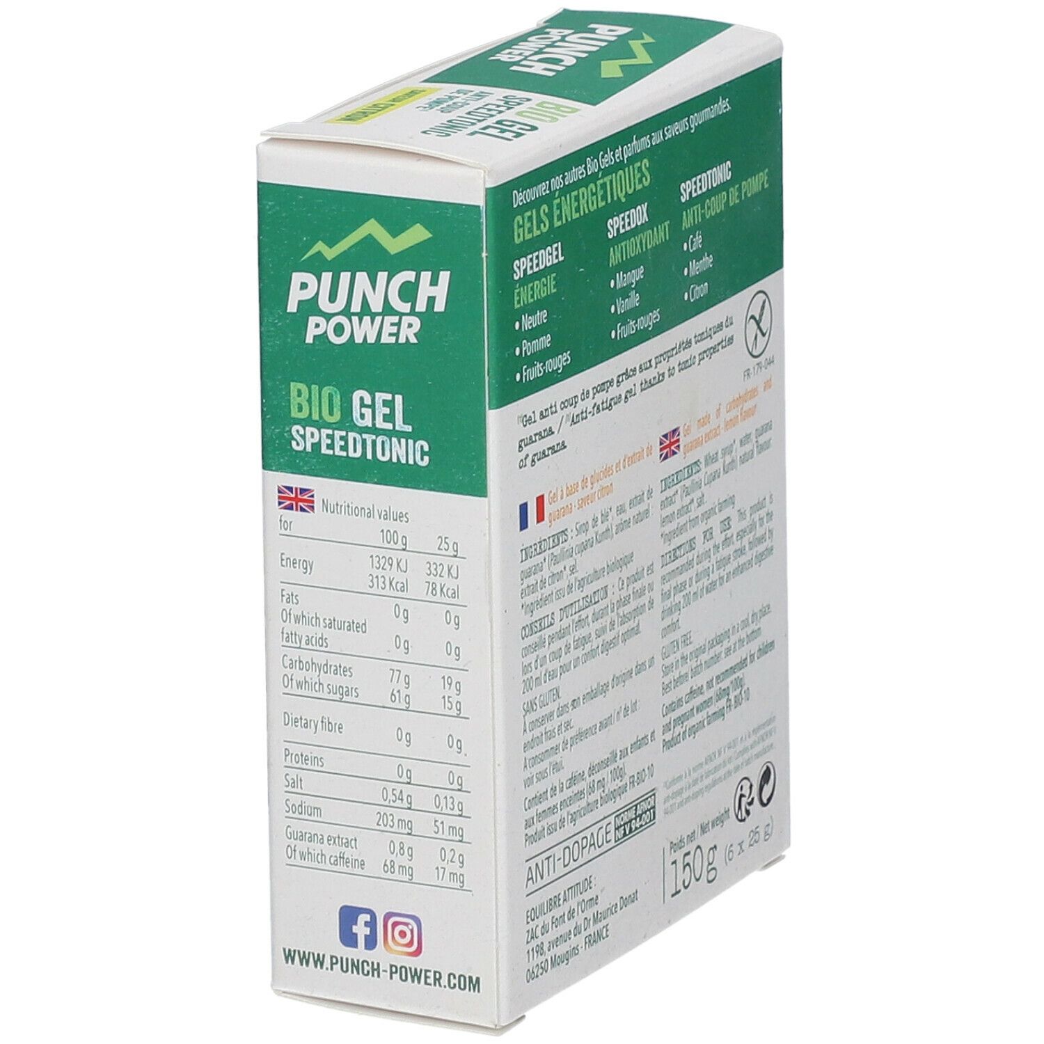 Vue latérale de l'emballage Bio Gel Speedtonic Zitrone. Informations nutritionnelles et produit visibles.