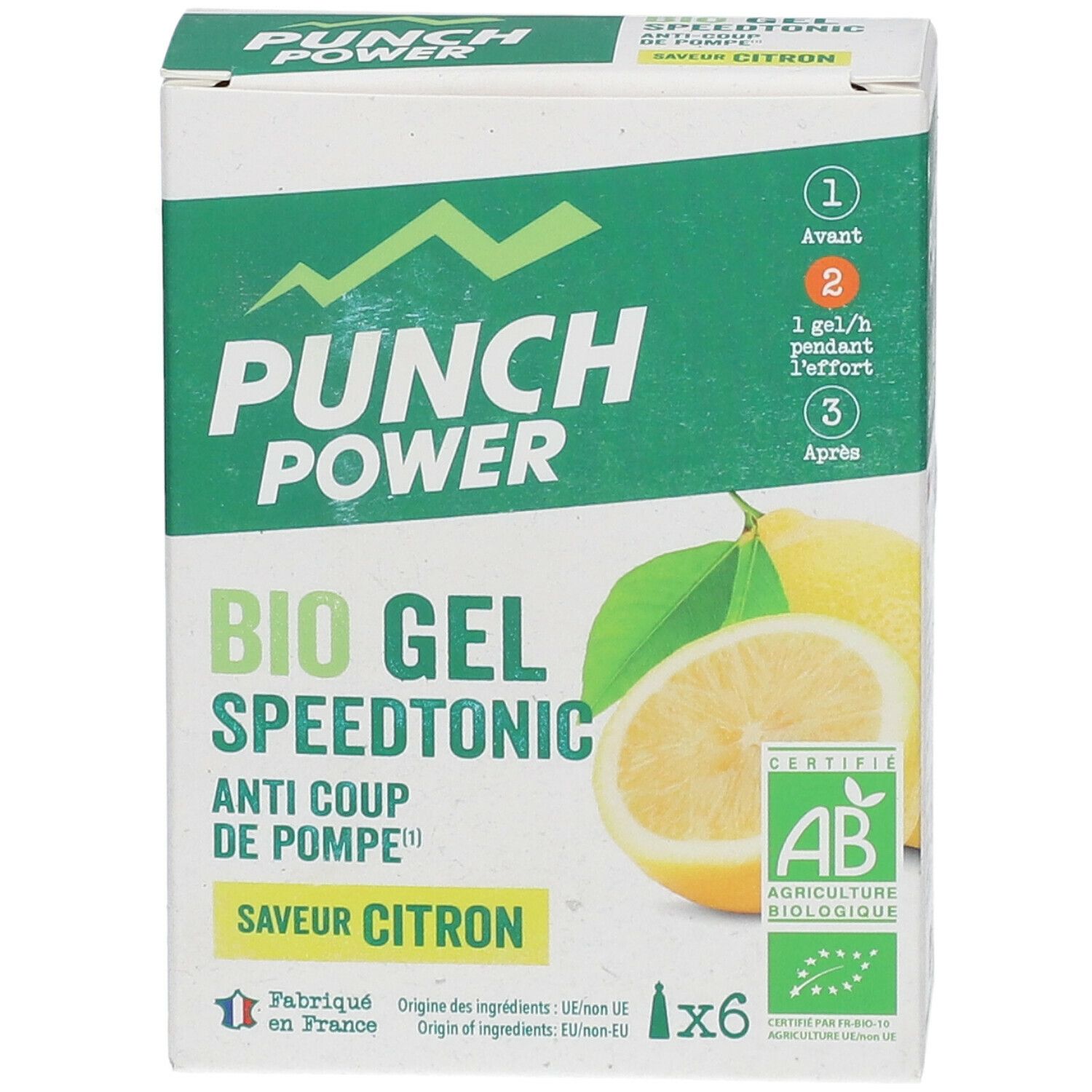 Vue de face de l'emballage Bio Gel Speedtonic Zitrone. Nom du produit, illustration de citron et label AB visibles.