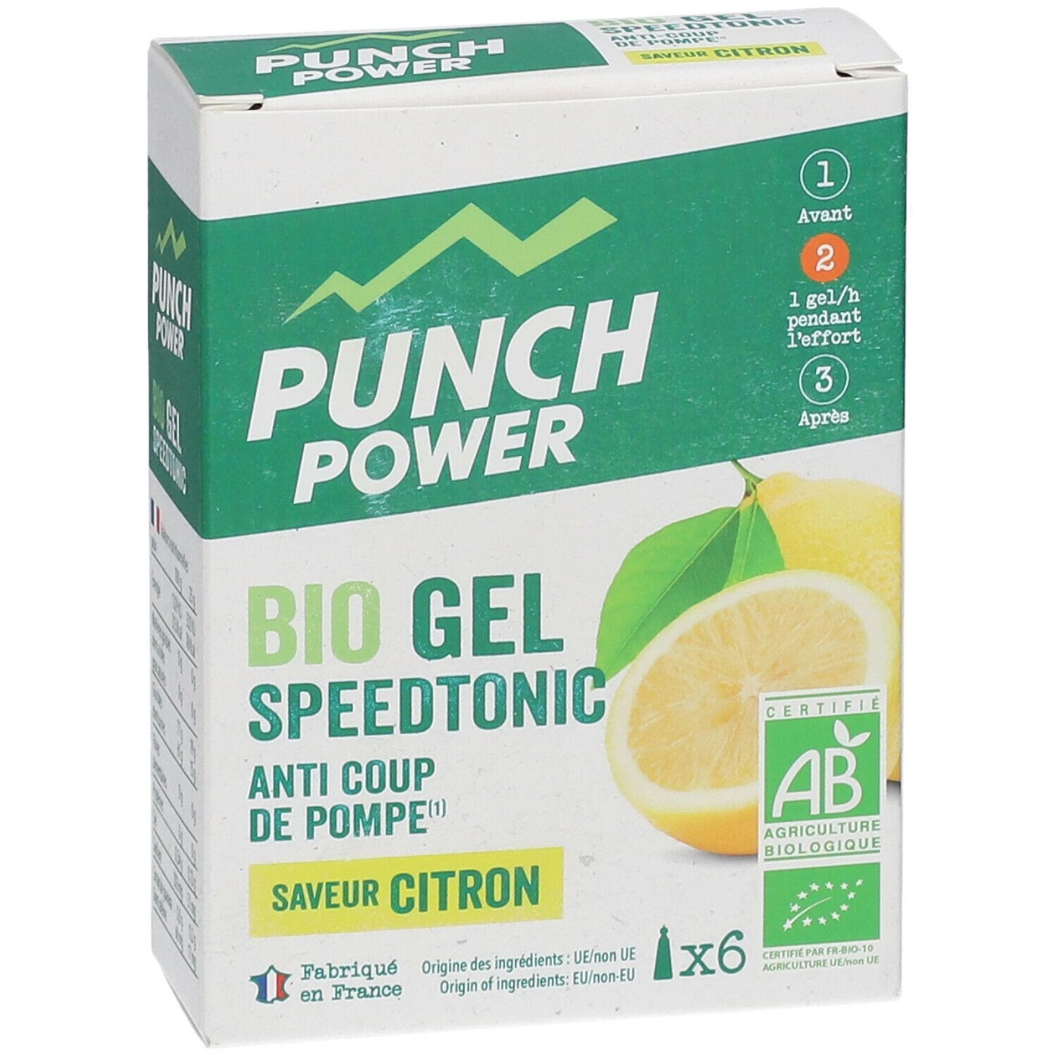 Vue de face de l'emballage Bio Gel Speedtonic Zitrone. Nom du produit, illustration de citron et label AB visibles.