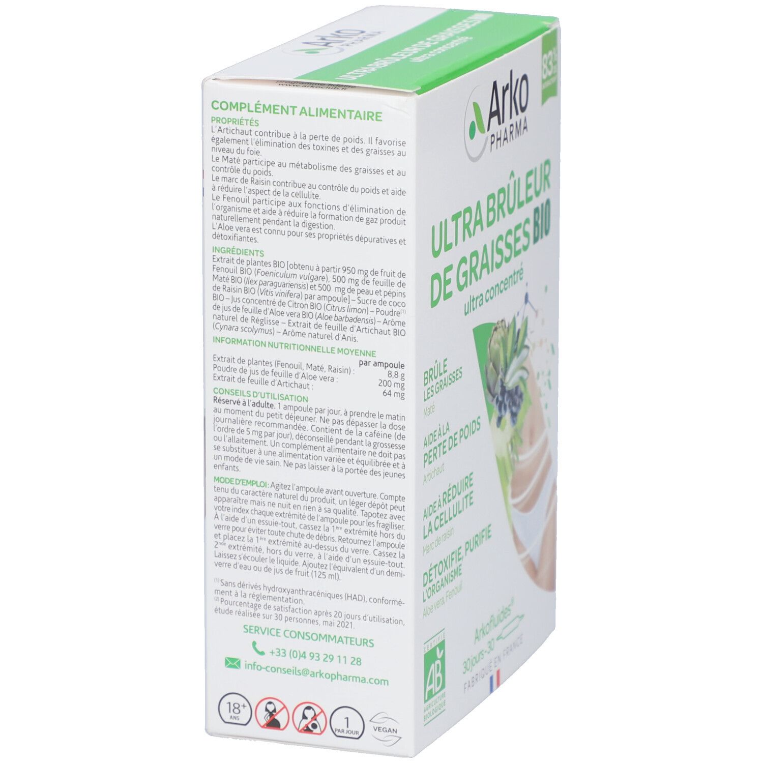 Vue latérale de la boîte. Ingrédients et informations nutritionnelles. "Ultra Brûleur de graisses BIO".